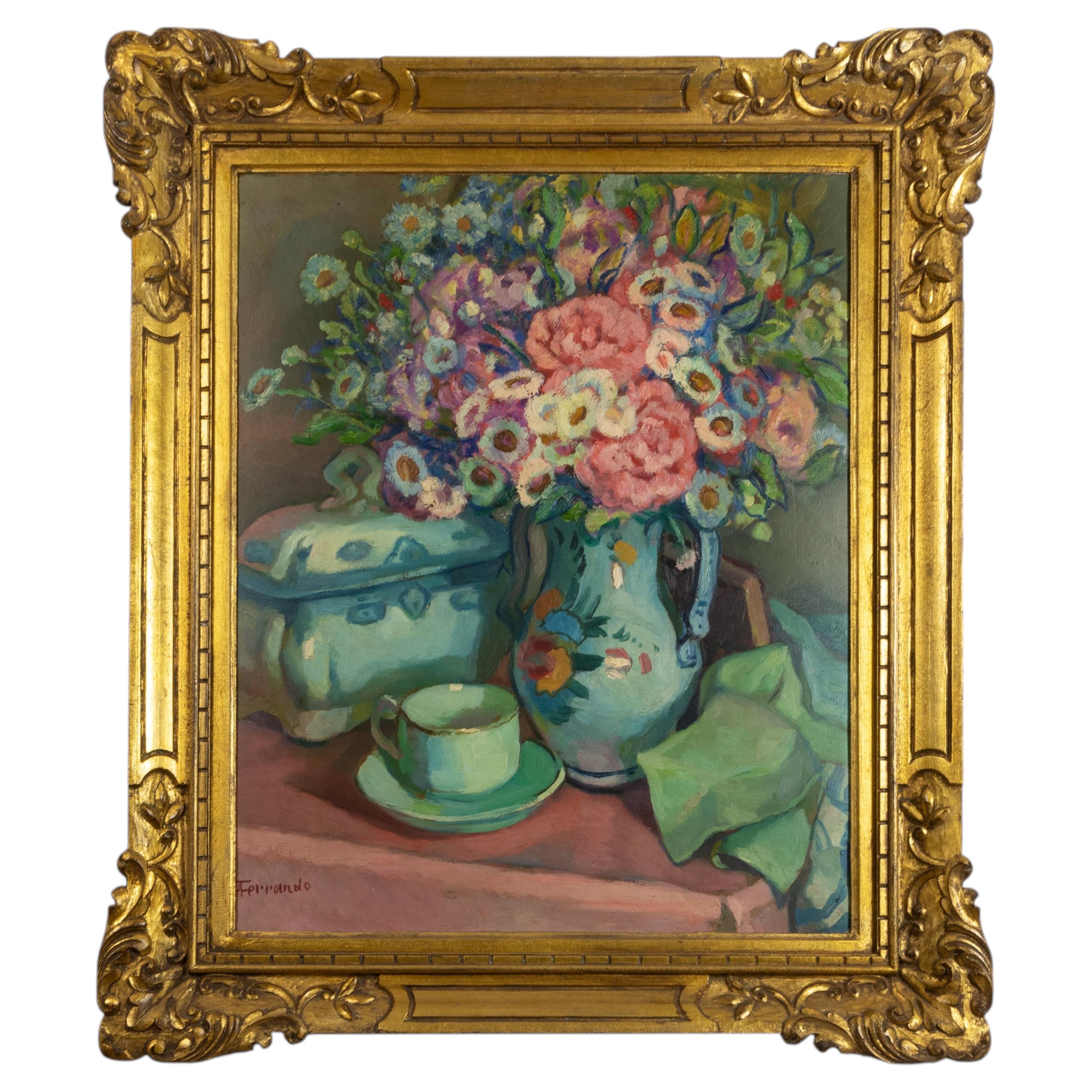 Flower Still Life Painting by Augustin Ferrando, 20th Century, Ornate Gilt Frame