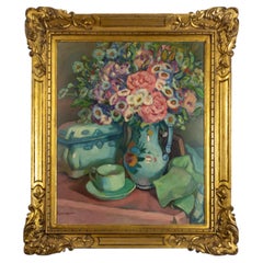 Flower Still Life Painting by Augustin Ferrando, 20th Century, Ornate Gilt Frame