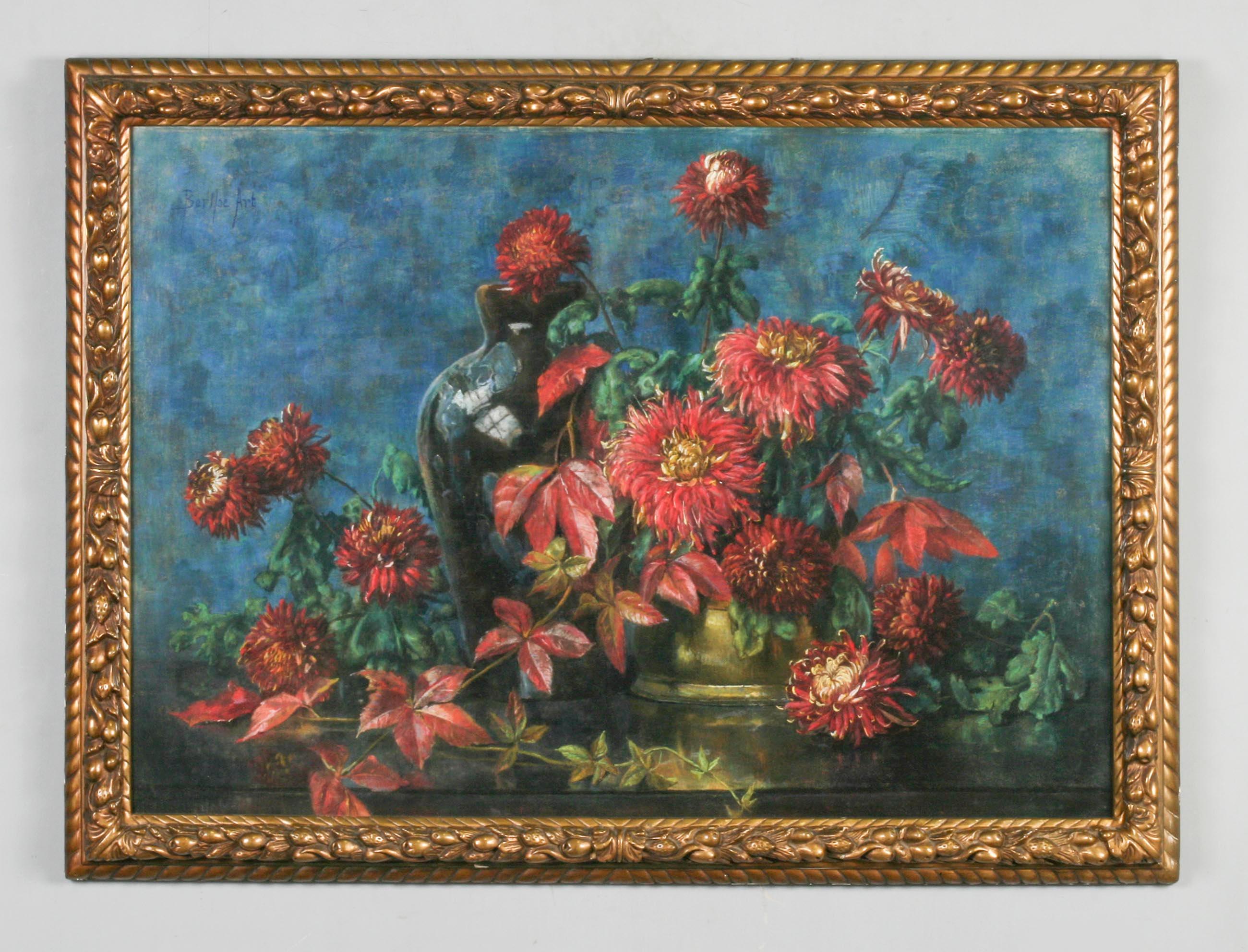 Large and beautiful pastel of an autumnal floral still life. red chrysanthemums and autumn leaves against a blue background.
It is a powerful and colorful work of art. To date around the beginning of the 20th century. With original frame from the