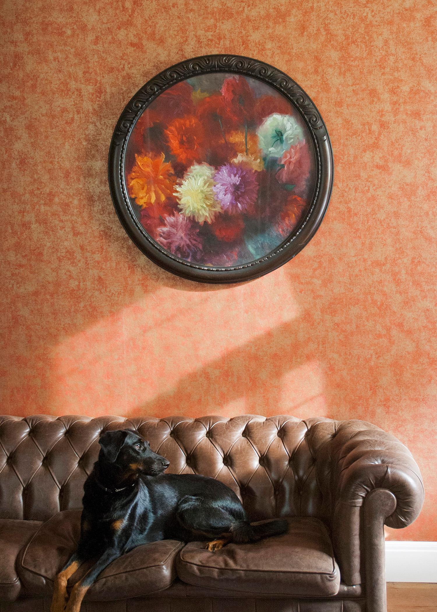 Art déco Nature morte aux dahlias, huile sur toile, Gaston Geleyn, datée de 1934 en vente