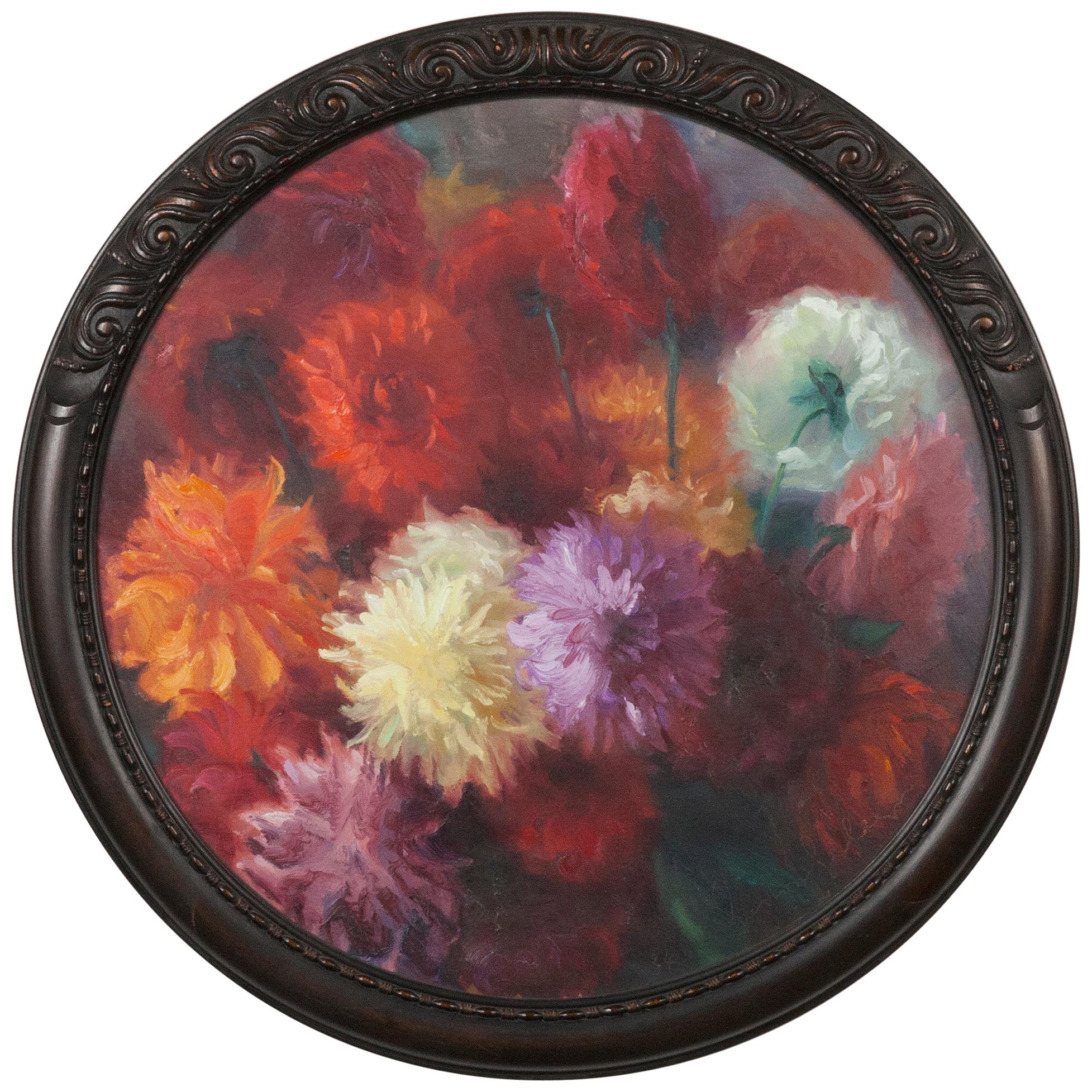 Flower Still Life with Dahlias, Oil on Canvas, Gaston Geleyn, Dated 1934 For Sale