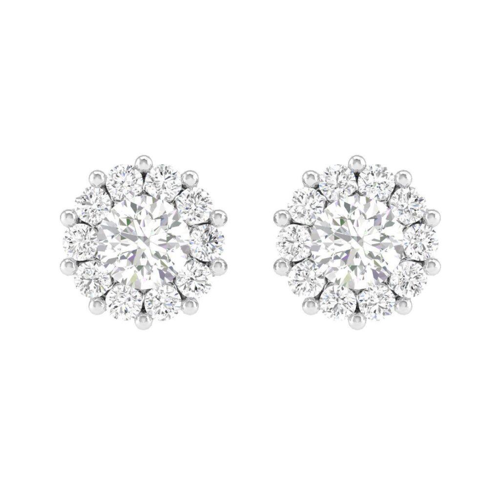 Round Cut Flower Stud Diamond Earrings, 18k White Gold, 1.7ct For Sale