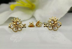 Flower Stud Earring 14k Solid Gold Diamond Vintage Jewelry