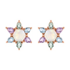 Clous d'oreilles à fleurs en or rose 14 carats avec opale, topaze rose, verte et bleue