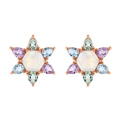 Flower Stud Earring in 14 Karat Rose Gold in Opal, Pink, Green and Blue Topaz