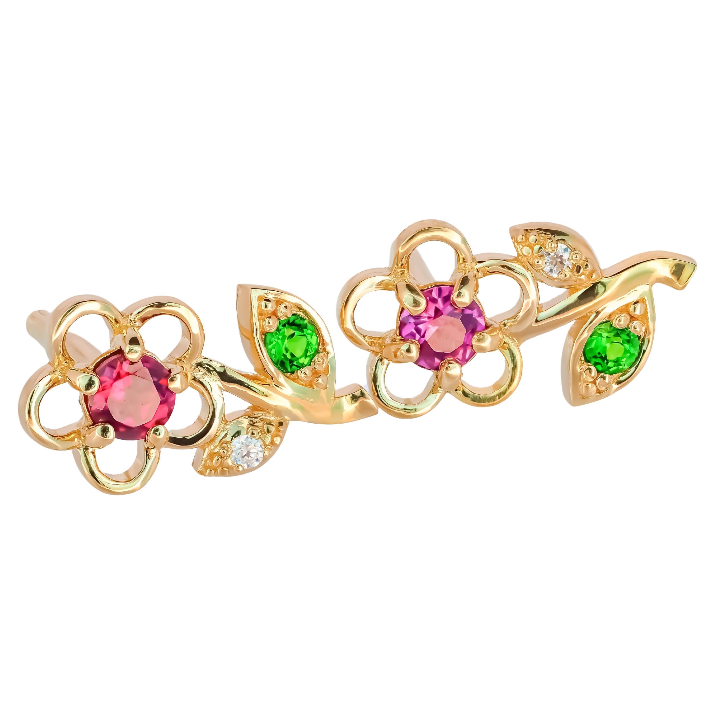 Flower Raspberry Stud Gold Earrings main image 1