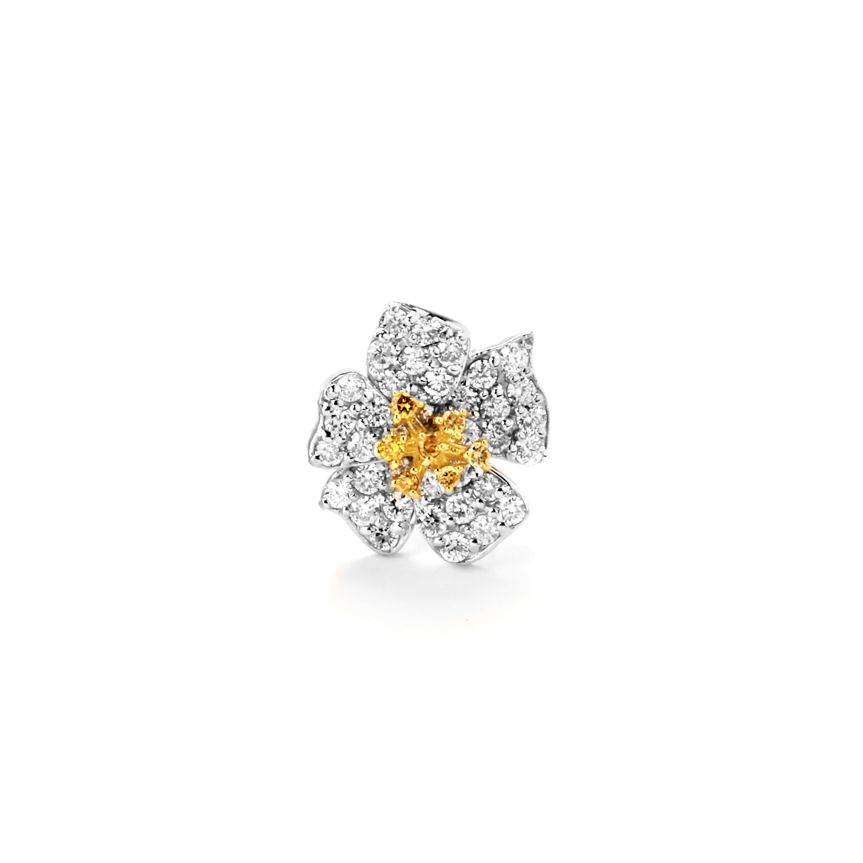 Round Cut Stambolian 18K Gold Fancy Yellow and White Diamond Flower Stud Earrings
