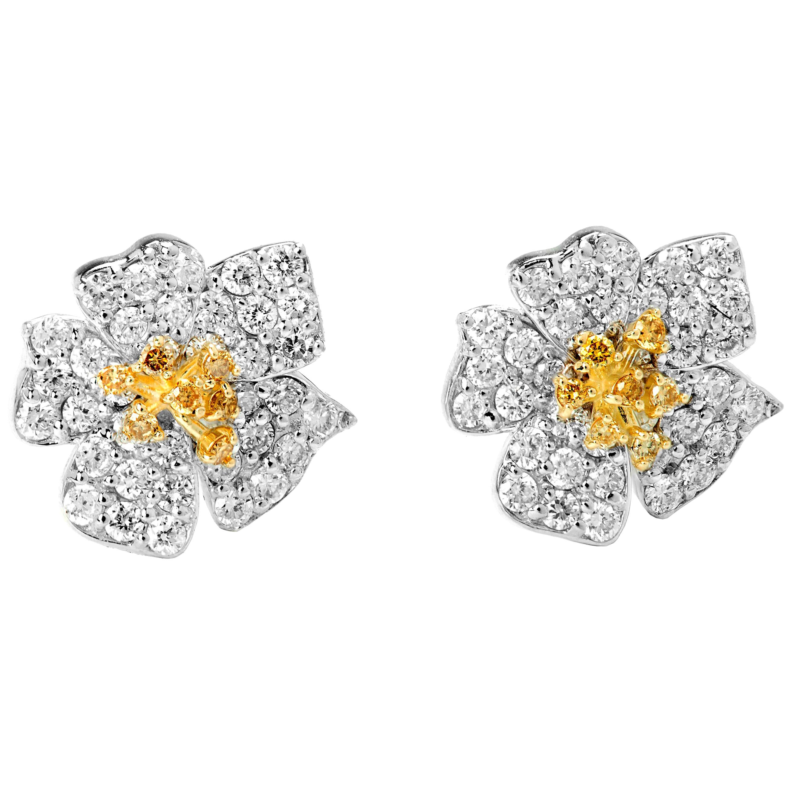 Stambolian 18K Gold Fancy Yellow and White Diamond Flower Stud Earrings