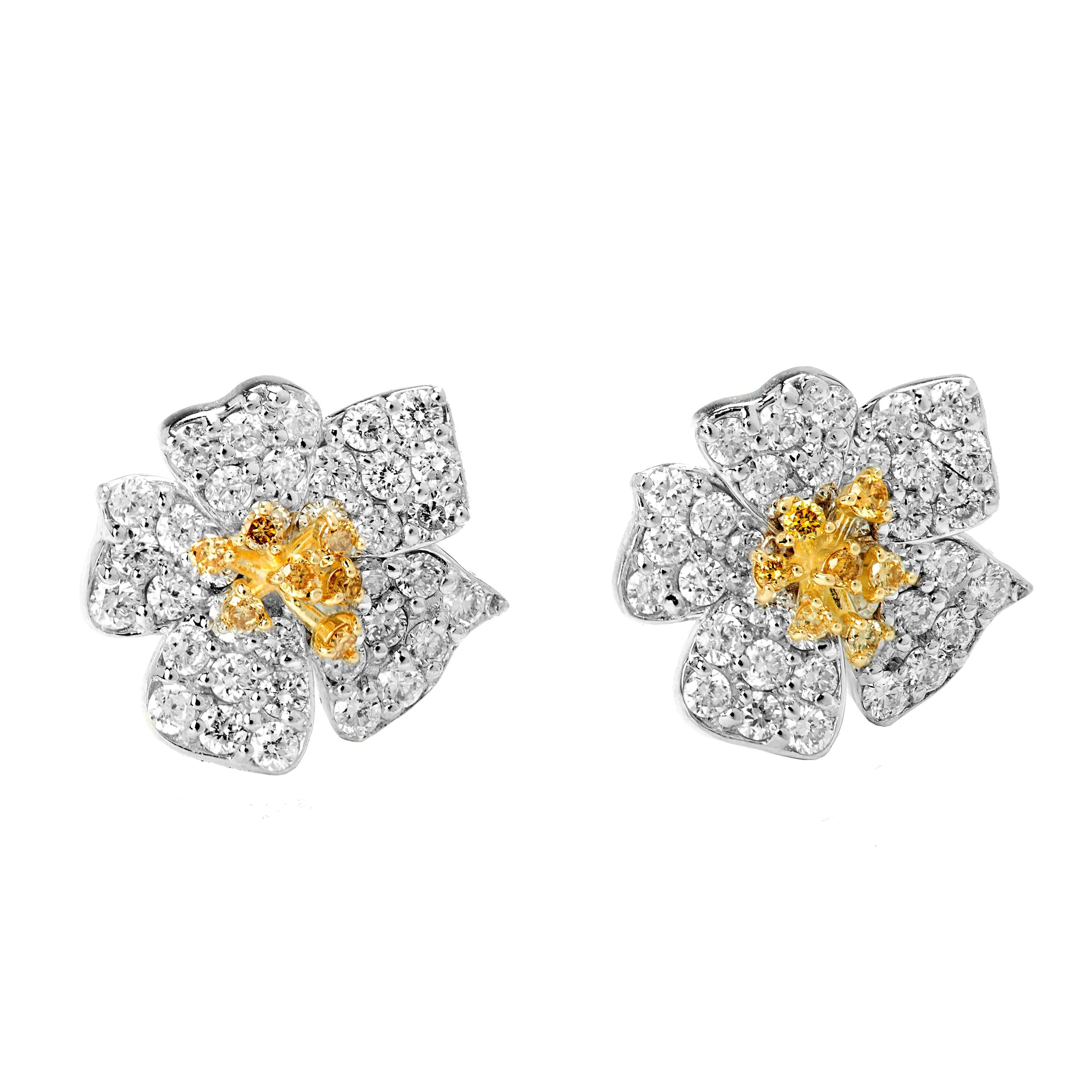 Flower Stud Earrings with Yellow and White Diamonds White Gold Stambolian