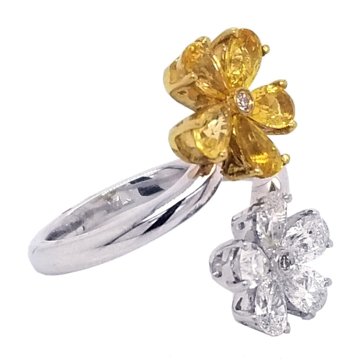 Art déco Bague 18 carats style fleur de Sebastian Bernards avec diamant de 0,96 carat et saphir jaune de 1,47 carat en vente
