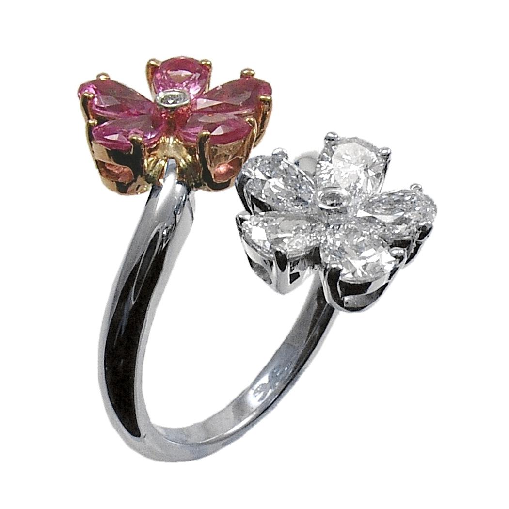 Ring im Blumenblumenstil mit 1,00 Karat Diamant / 1,35 Karat rosa Saphir (Art nouveau) im Angebot