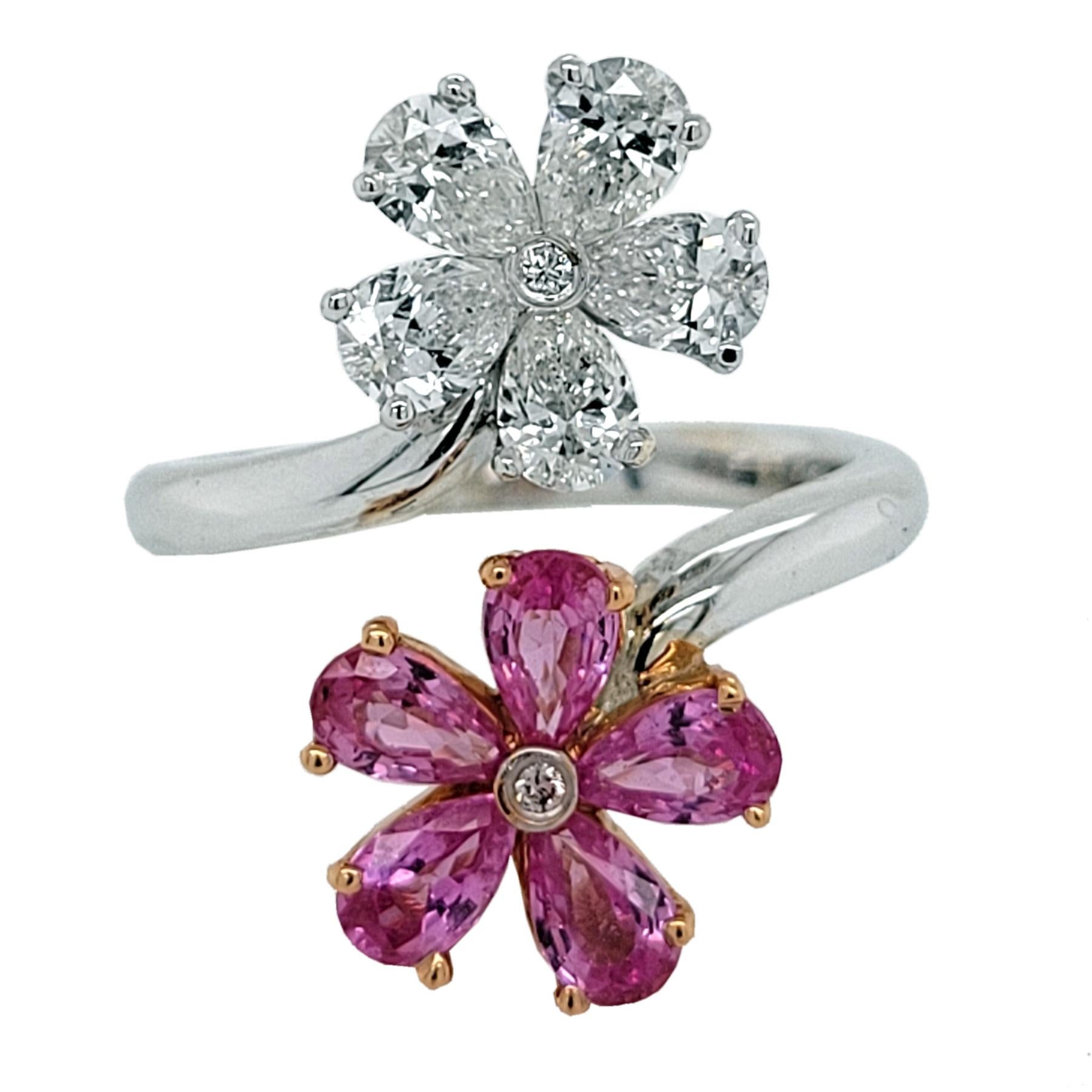 Art Nouveau Flower Style 1.00 Ct Diamond / 1.35 Ct Pink Sapphire Ring For Sale