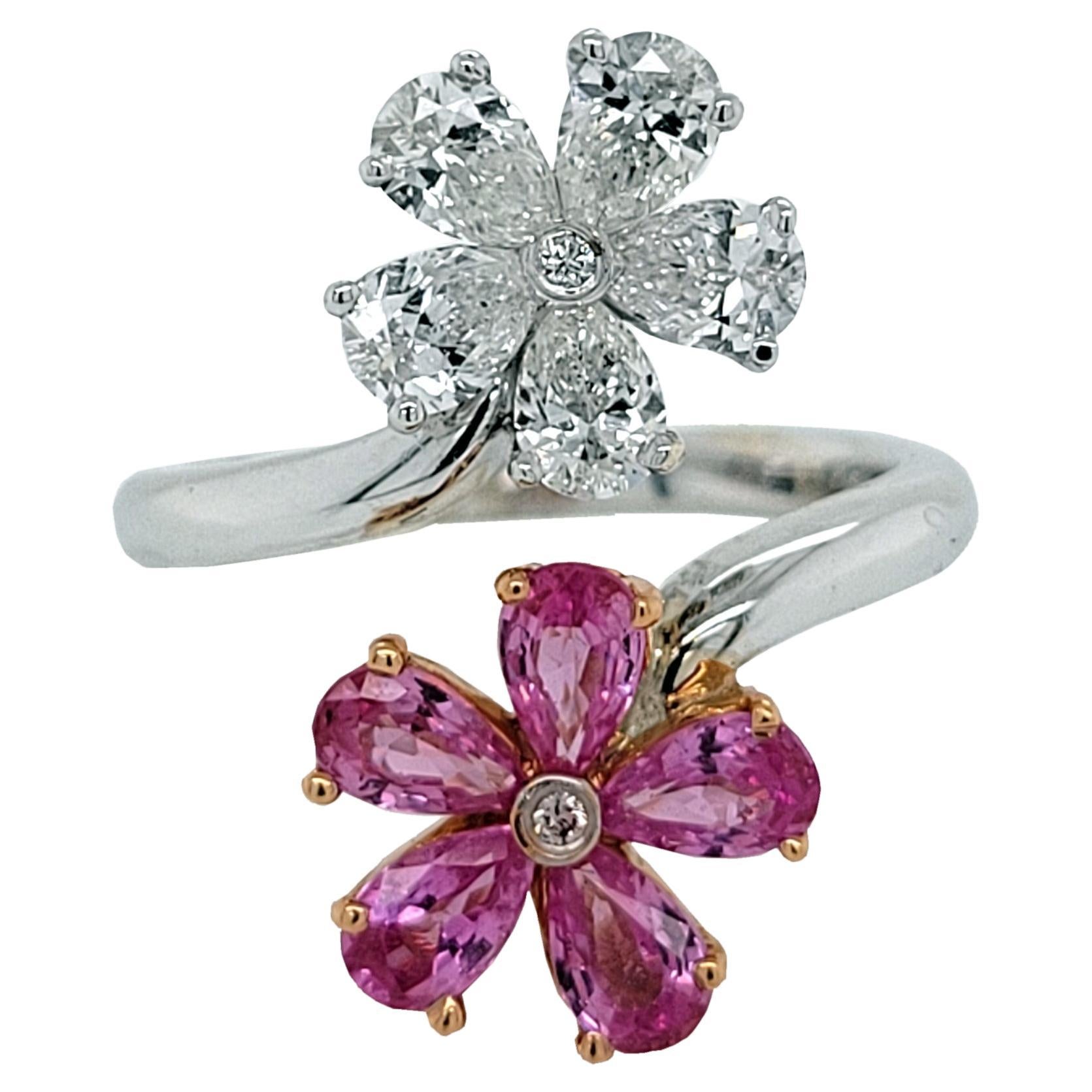 Bague de style fleur en diamants de 1,00 carat / saphir rose de 1,35 carat en vente