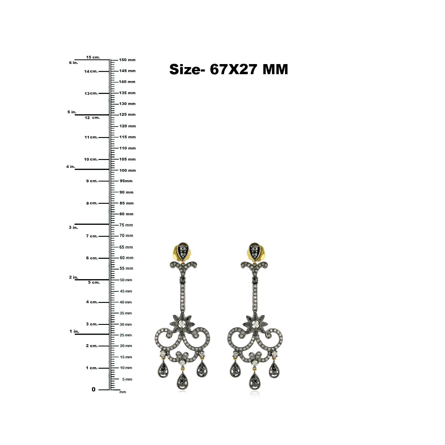 Mixed Cut Flower Style Earring With Pave Set of Diamonds Made In 18k Gold & Silver For Sale