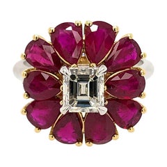 Flower Styled Ruby and Cushion Diamond Ring