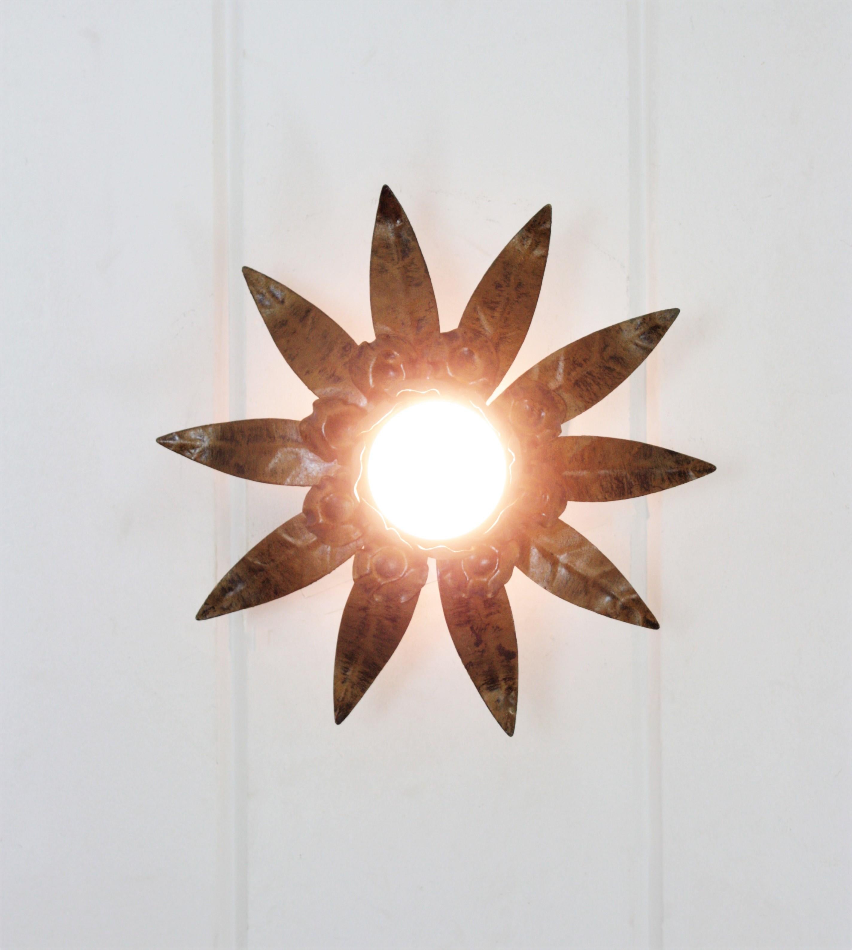 Sunburst Flower Light Fixture in Gilt Bronze Patinated Metal 3