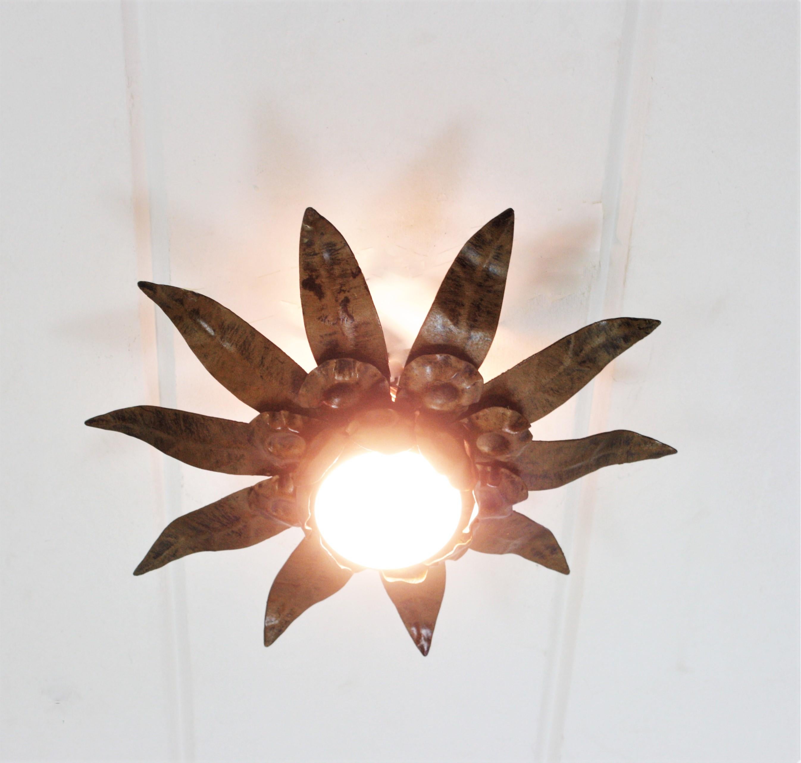 Sunburst Flower Light Fixture in Gilt Bronze Patinated Metal 6
