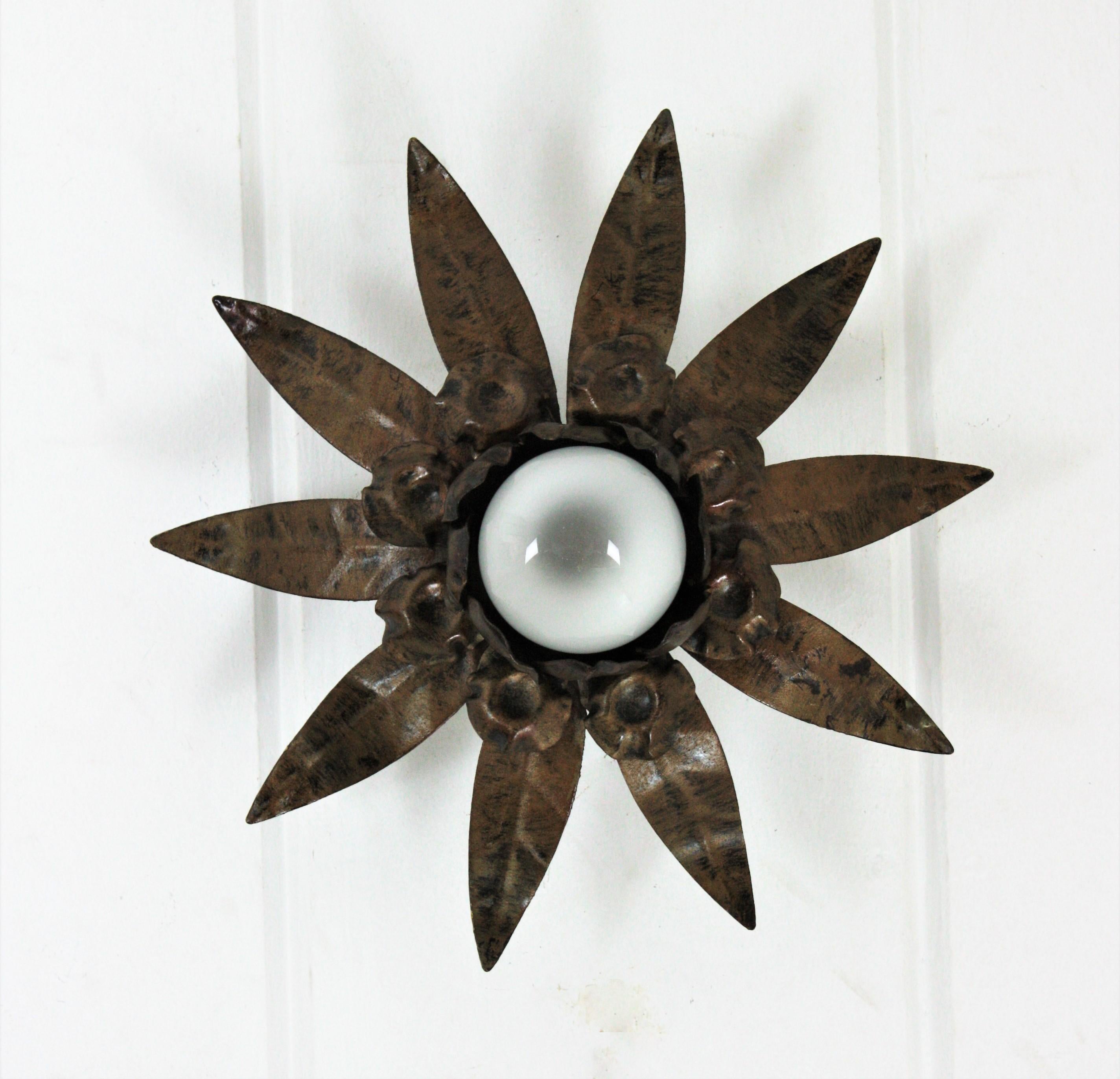 Mid-Century Modern Sunburst Flower Light Fixture in Gilt Bronze Patinated Metal