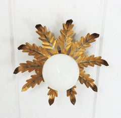 Flower Sunburst Light Fixture in Gilt Iron with Milk Glass Globe, 1960s