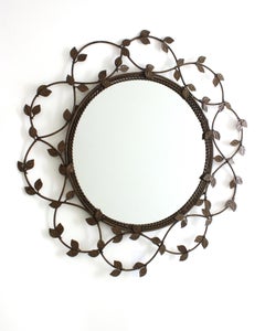 Flower Sunburst Mirror in Patinated Iron with Foliage Frame, 1950s