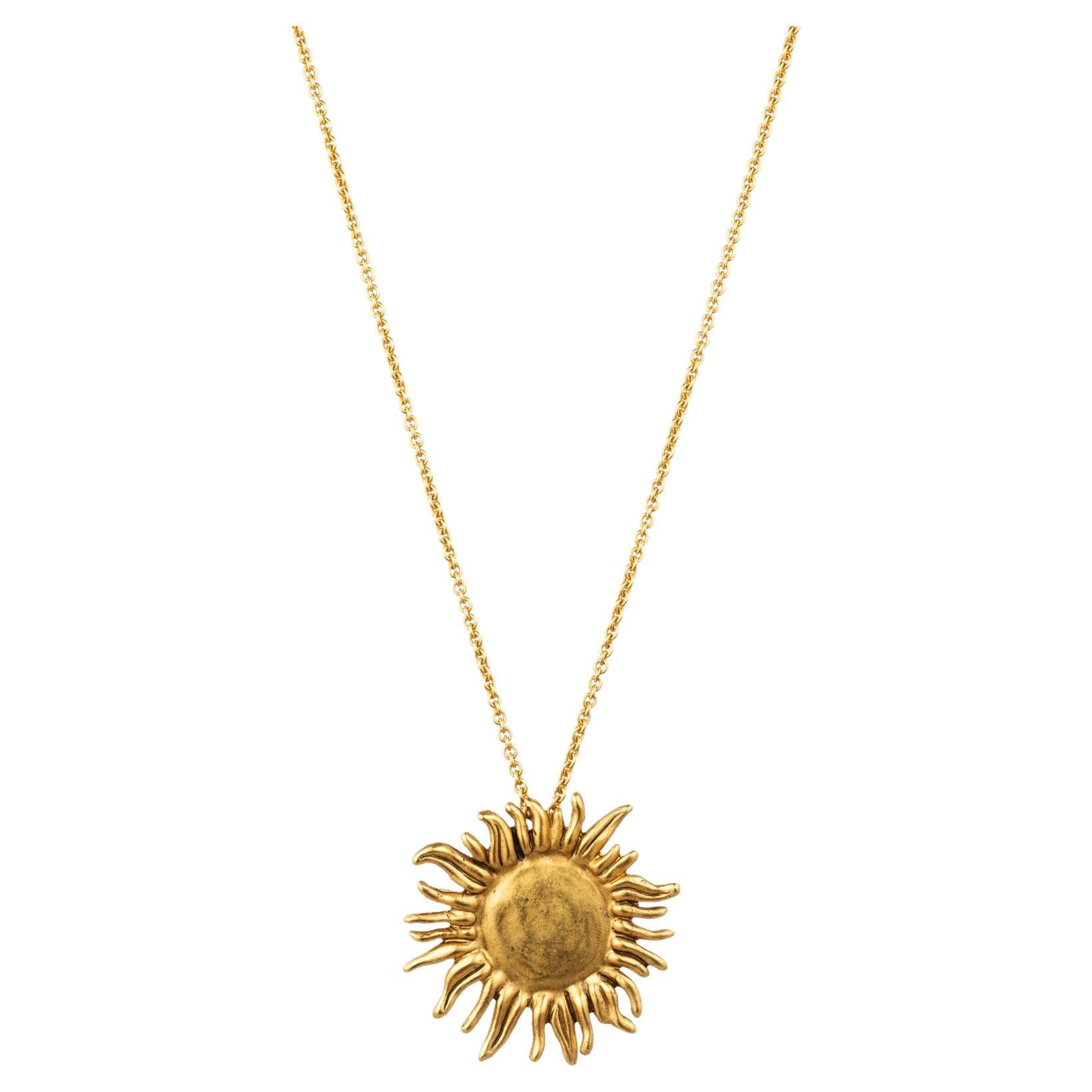 Sunflower Flower Pendant Necklace by Janet Mavec
in 18kt gold plated brass in matte Antique finish 
Handmade, proudly in America
24 inch chain, 2 1/8