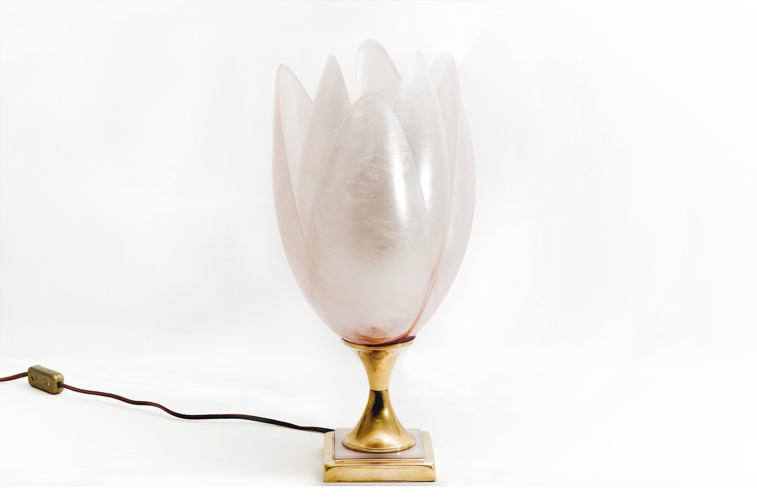 Brass Flower Table Lamp, by Rougier, 6 Petals Model, Pink Color, 1970 France, in Resin