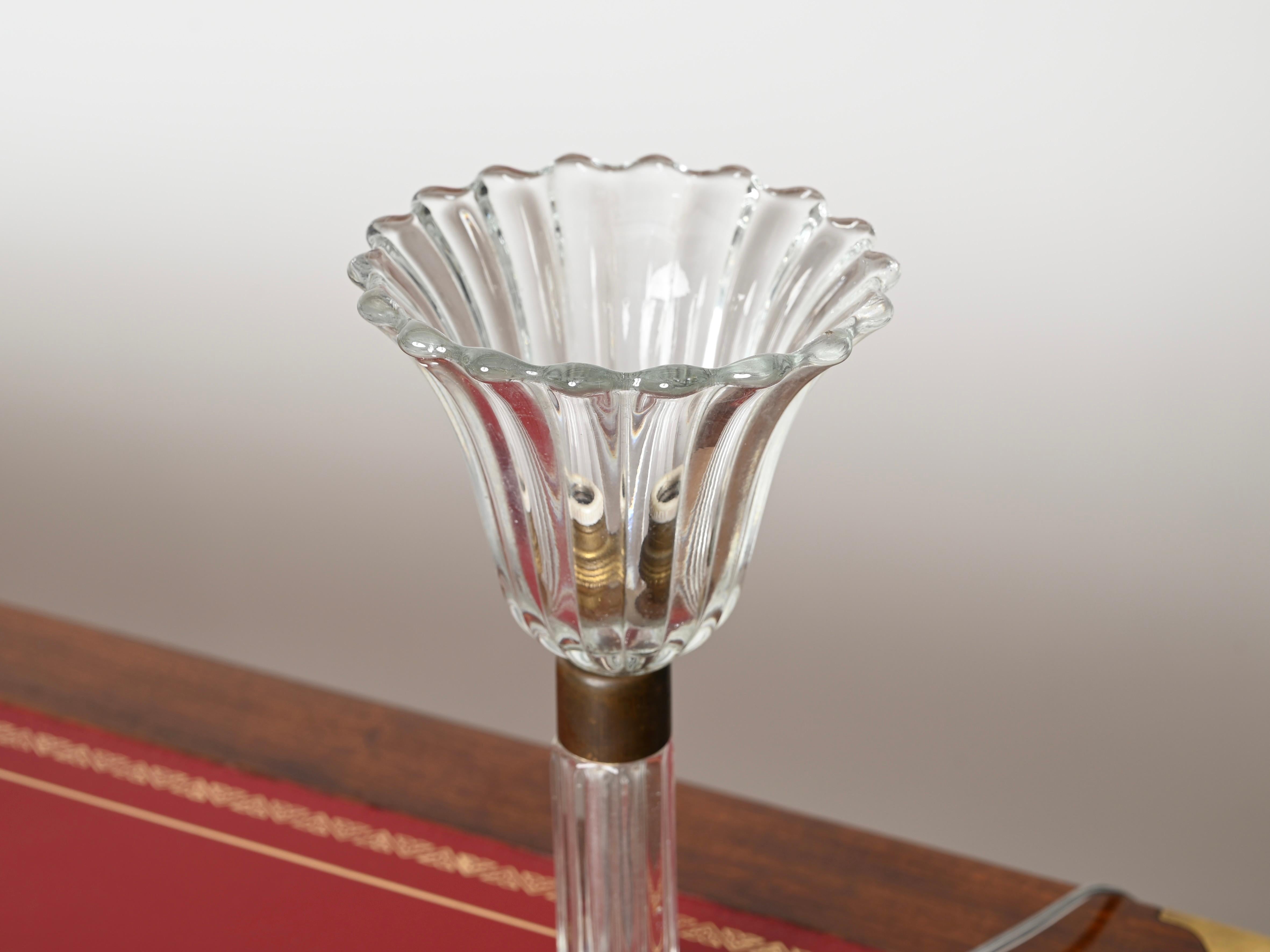 Mid-Century Modern Flower Table Lamp in Murano Glass and Brass, Signed Barovier & Toso, Italy 1940s