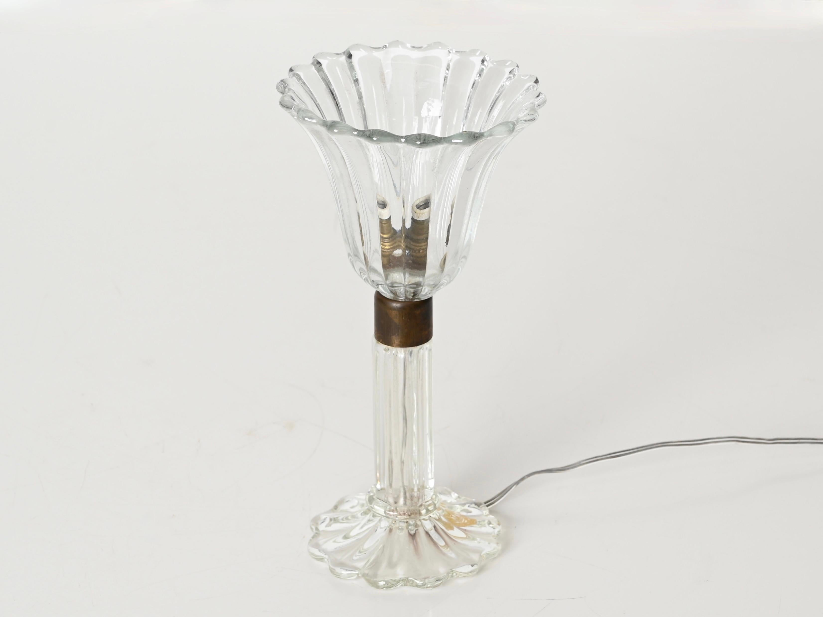 Italian Flower Table Lamp in Murano Glass and Brass, Signed Barovier & Toso, Italy 1940s
