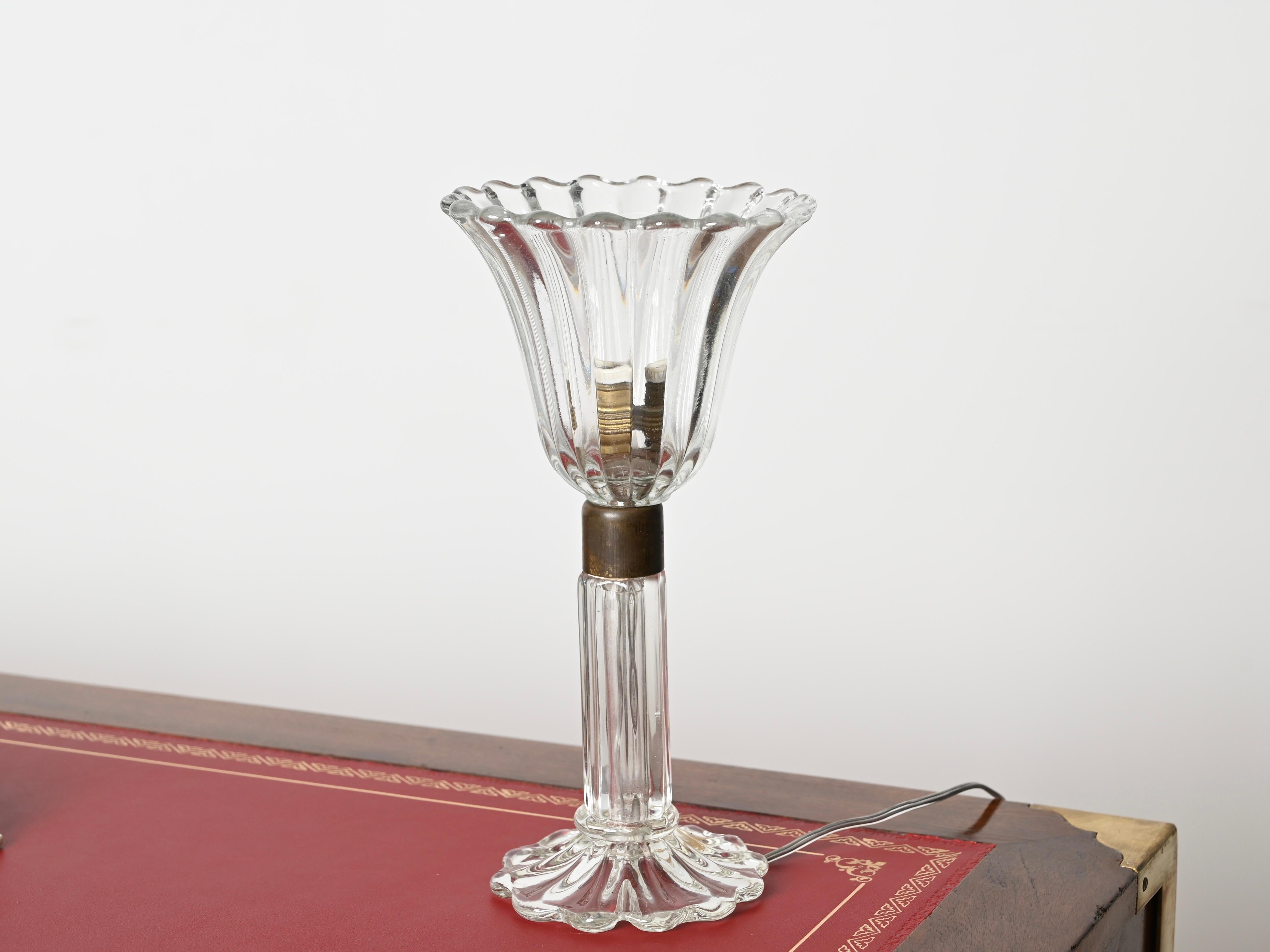 Hand-Crafted Flower Table Lamp in Murano Glass and Brass, Signed Barovier & Toso, Italy 1940s