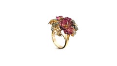 Flower Tourmaline Brown Diamonds Sapphire Ring 18 Karat Yellow Gold