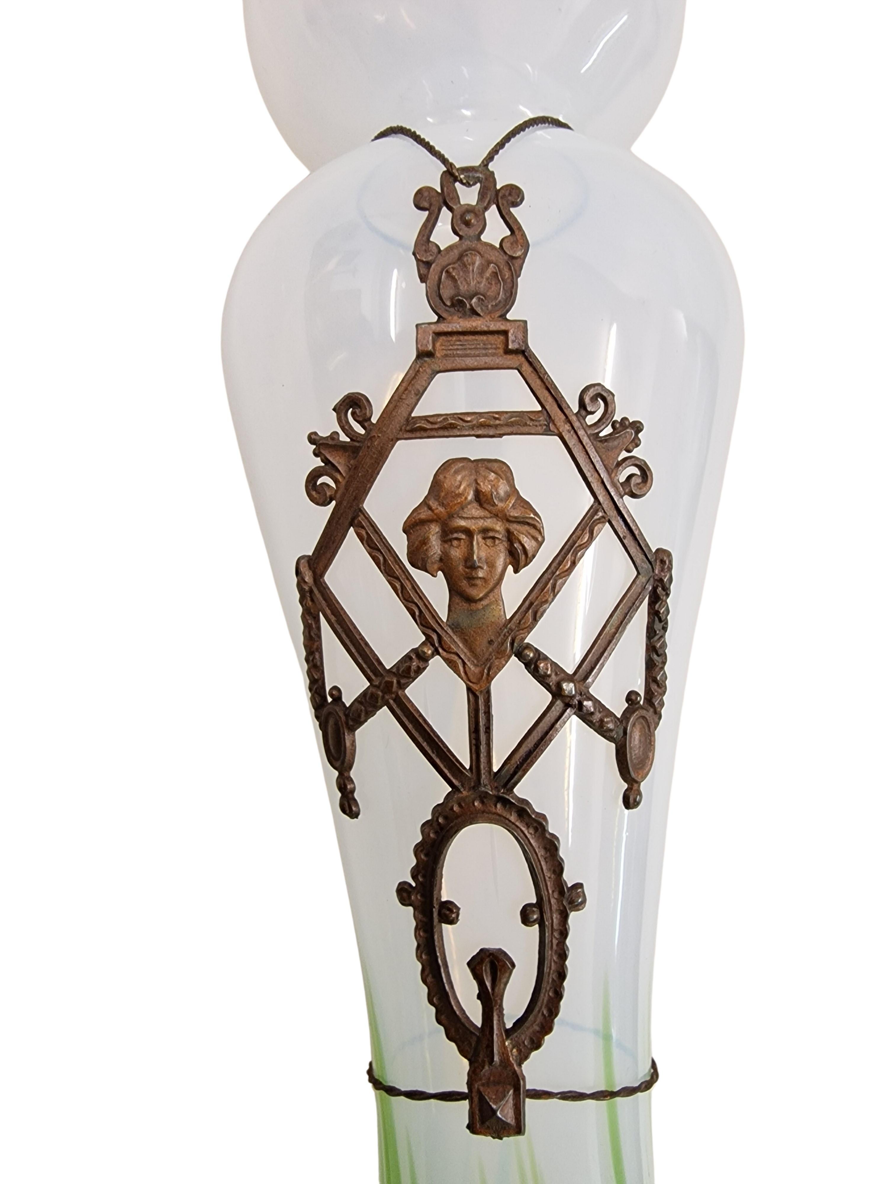 Czech Flower Vase, glass metal mounting, Wilhelm Kralik Sohn Bohemia, 1900 Art Nouveau For Sale