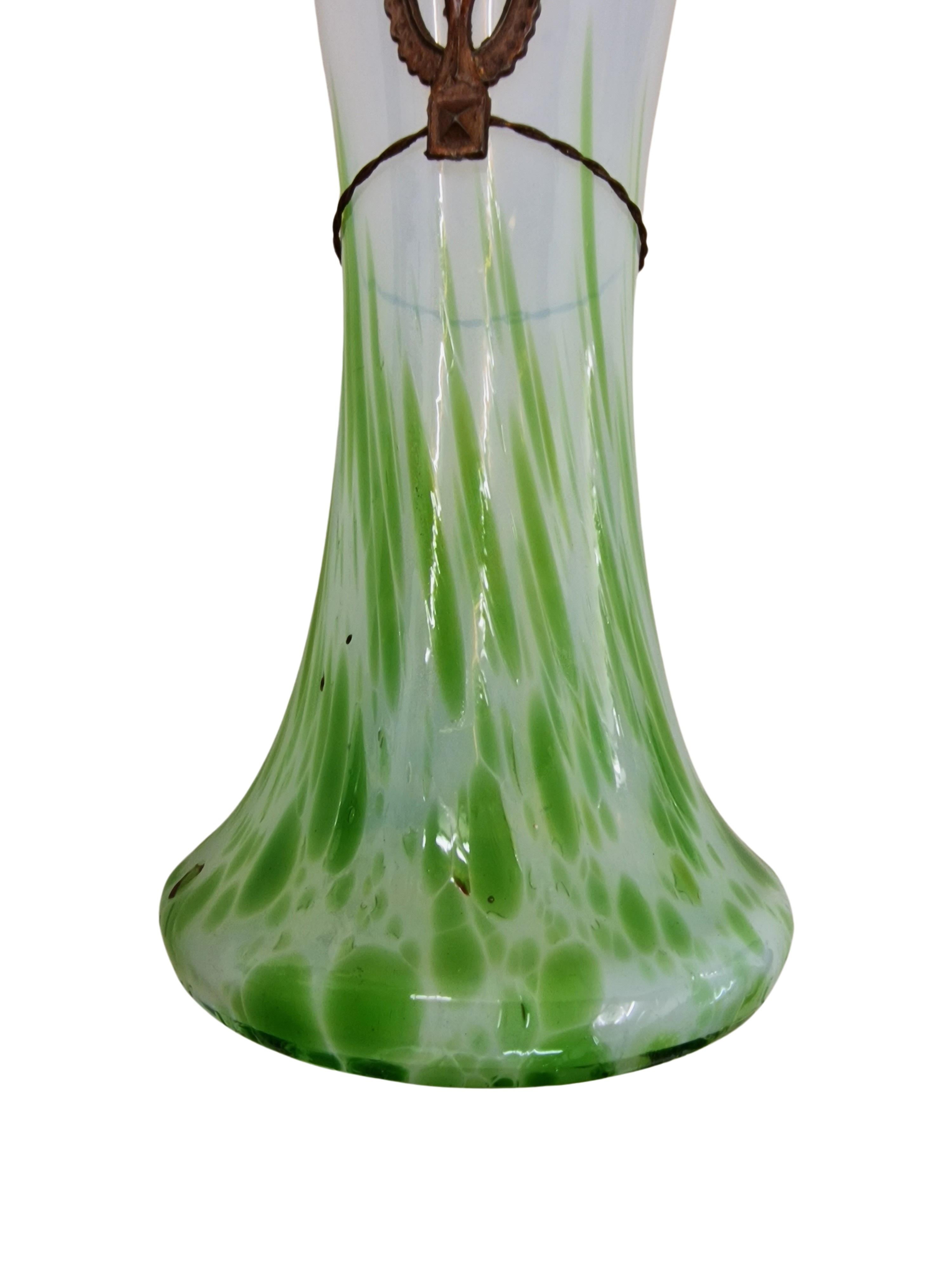 Hand-Crafted Flower Vase, glass metal mounting, Wilhelm Kralik Sohn Bohemia, 1900 Art Nouveau For Sale