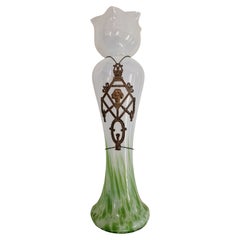 Antique Flower Vase, glass metal mounting, Wilhelm Kralik Sohn Bohemia, 1900 Art Nouveau
