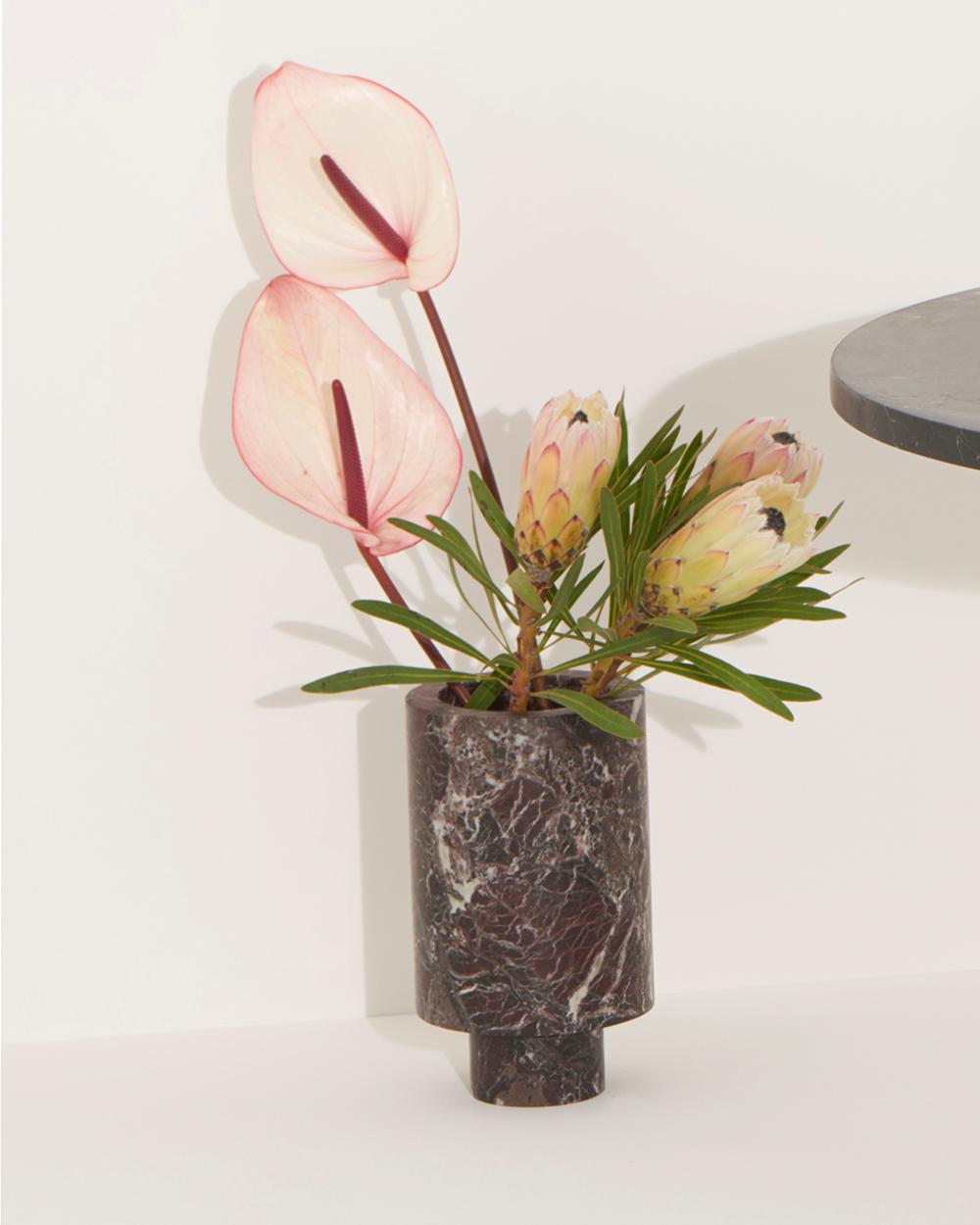 Italian New Modern Flower Vase in Black Marble, Creator Karen Chekerdjian Stock For Sale
