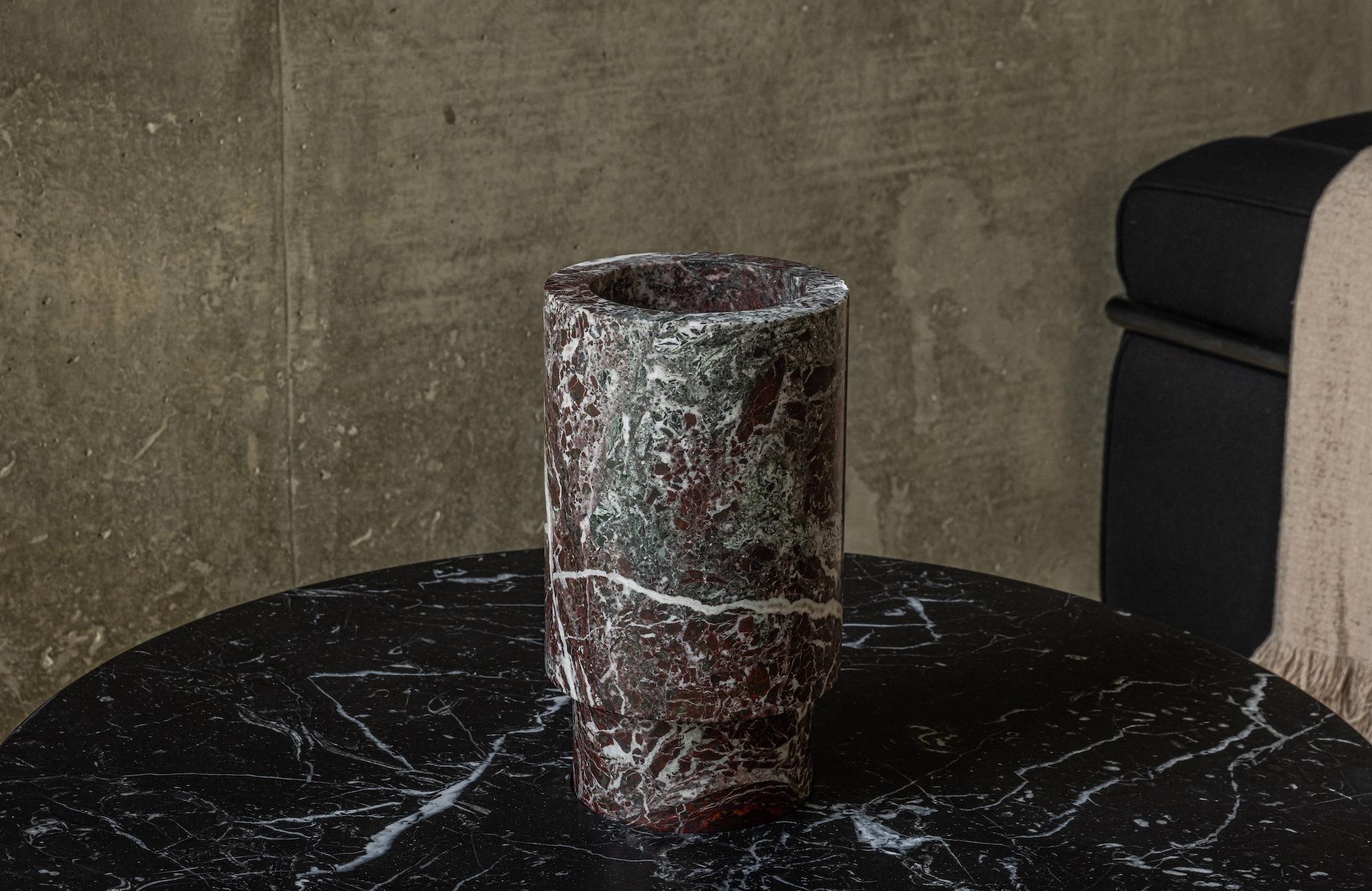 New Modern Flower Vase in Red Marble, creator Karen Chekerdjian For Sale 4