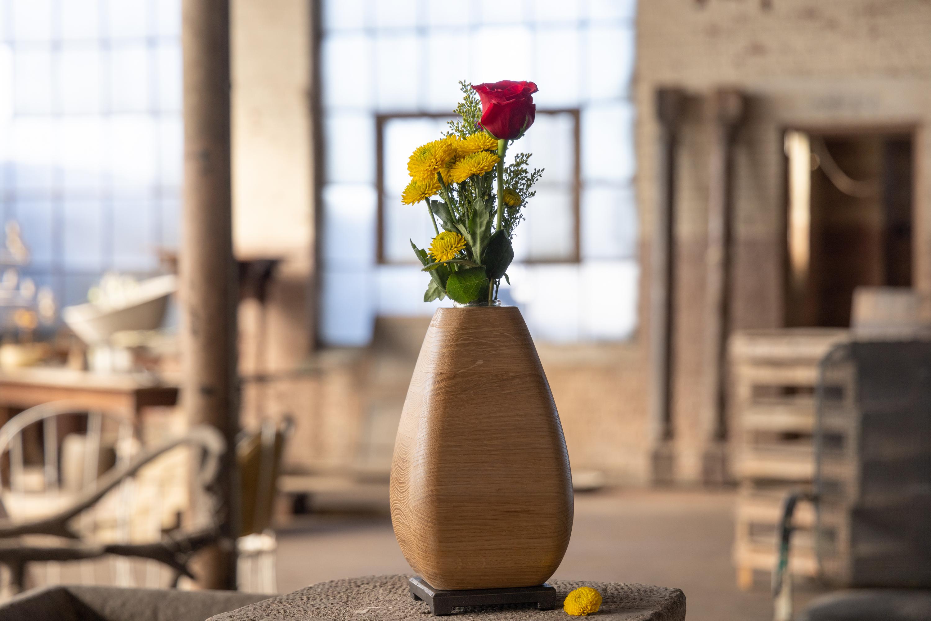 Organic Modern Flower Vase in White Oak Wood and Bronze by Alabama Sawyer