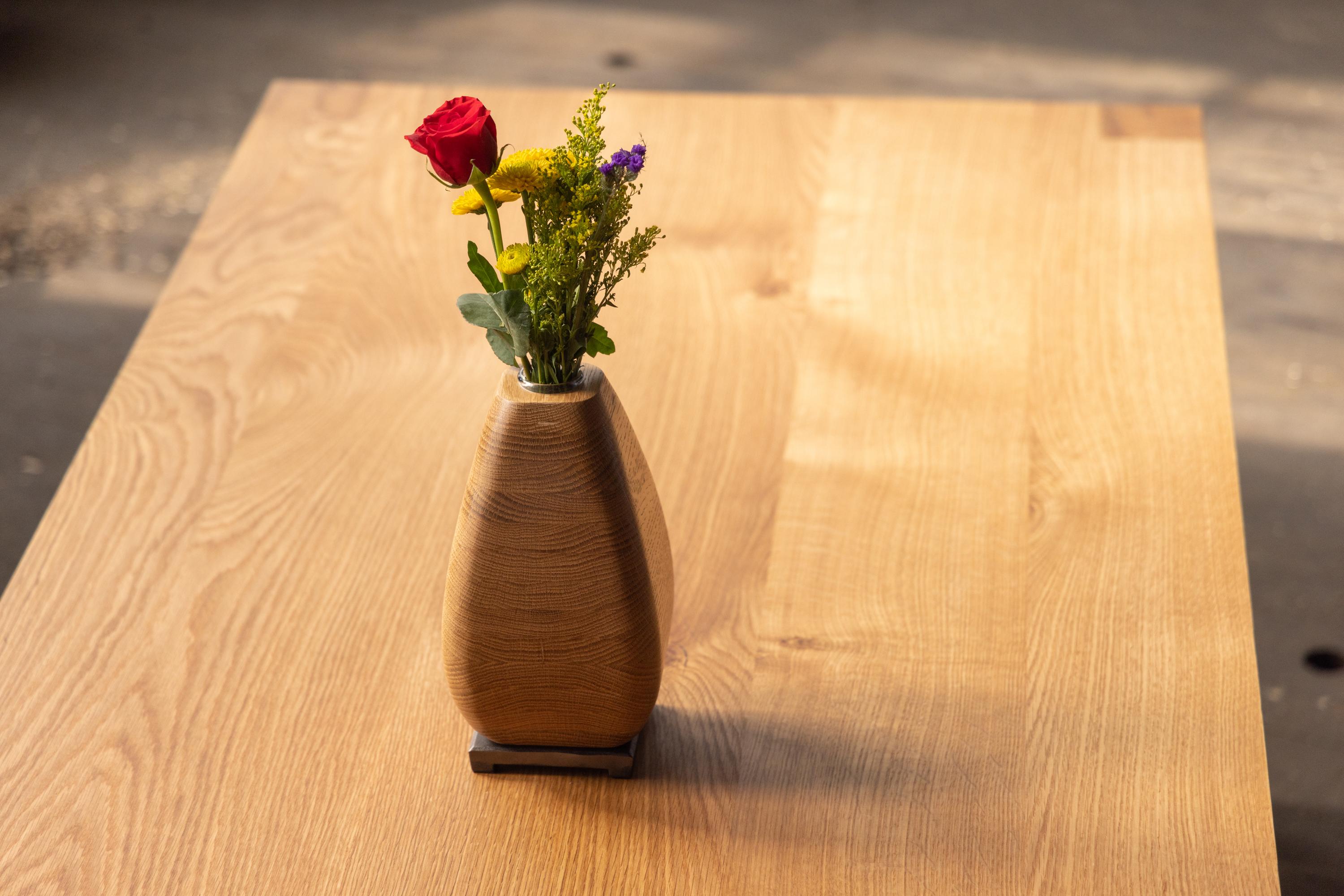 Cast Flower Vase in White Oak Wood and Bronze by Alabama Sawyer