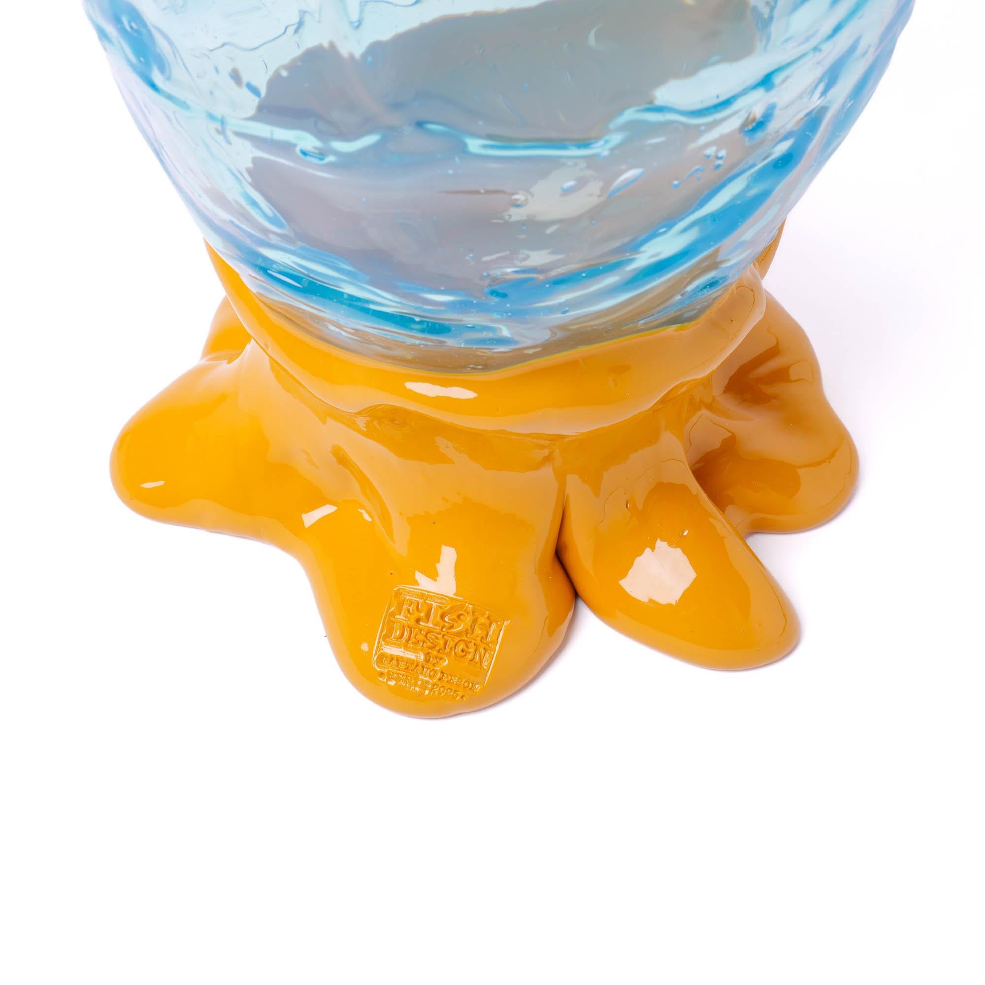 Hand-Crafted Flower Vase L - Fish Design by Gaetano Pesce Pastel Orange, Clear Aqua, Ochre For Sale