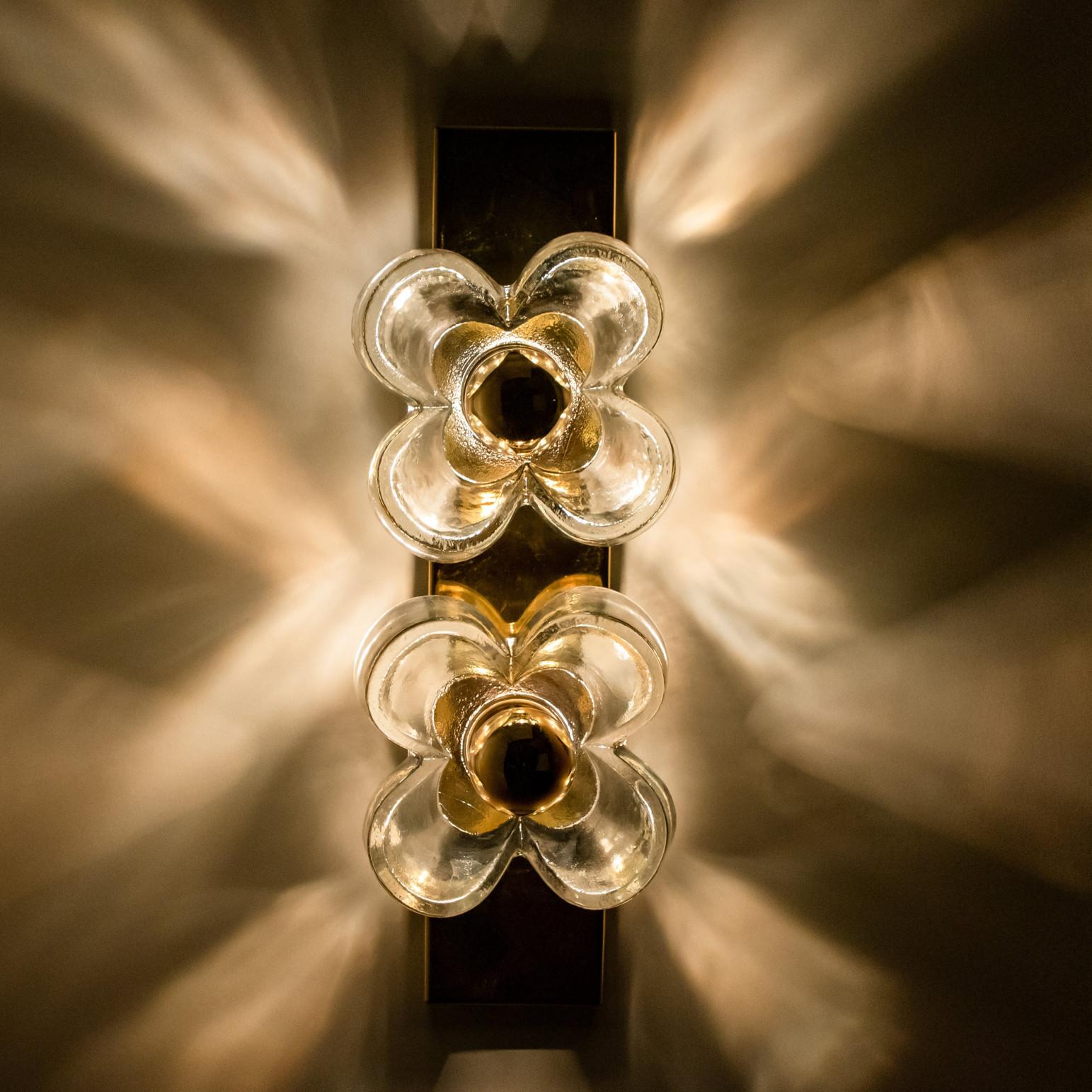 1 der 8 Blumenwandleuchten, Messing und Glas von Sische Lighting, ca. 1970er Jahre, Deutschland. Jede dieser Wandleuchten besteht aus zwei Glasblumenschirmen, die durch runde Metallringe auf einen rechteckigen Messingsockel geschraubt sind.