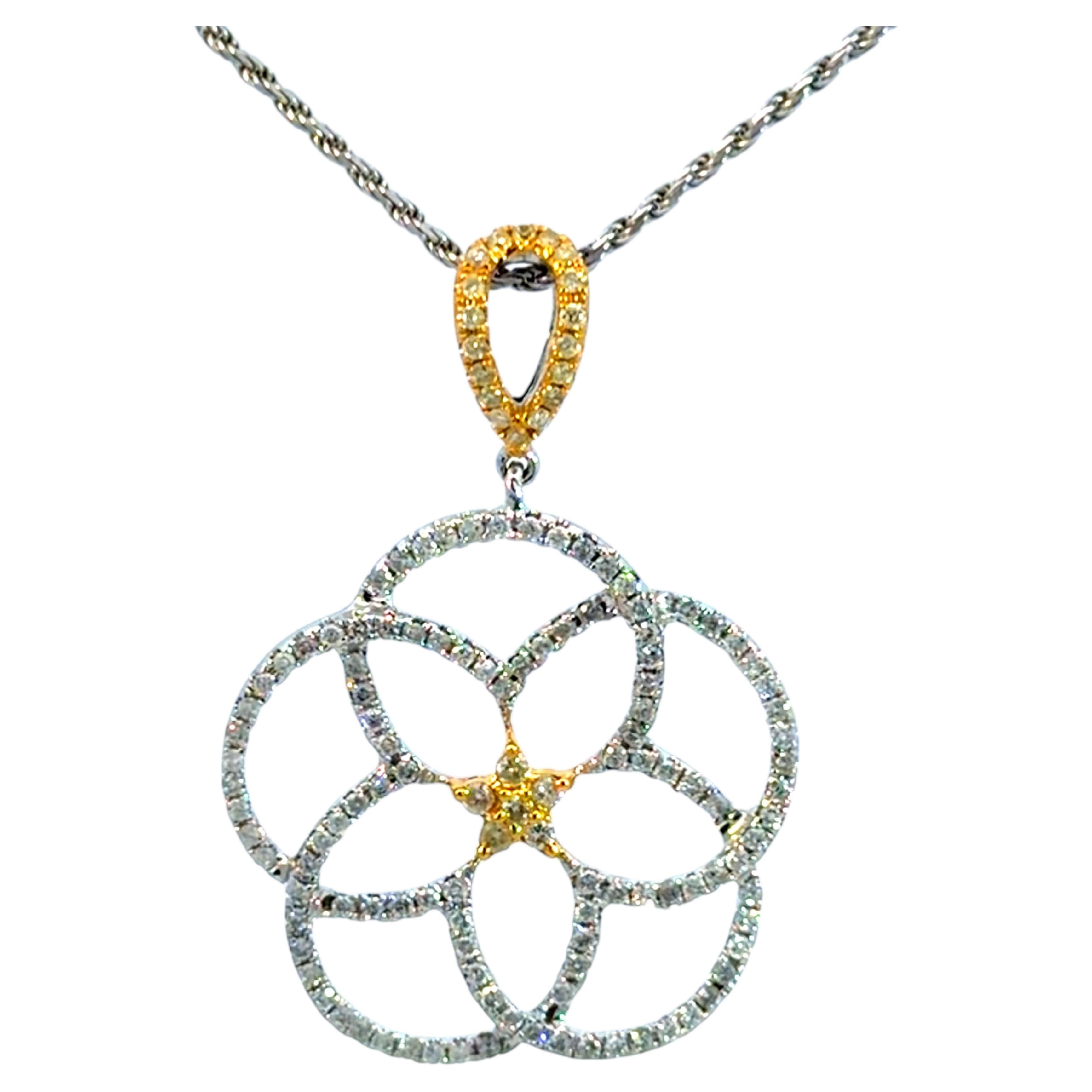 Flower White and Light Yellow Diamond Necklace 18K White Gold Pendant 14K Chain
