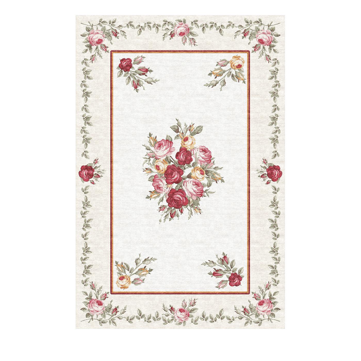 Reminiscent of classical still life paintings, this rug is an elegant union of Southeast Asian craftsmanship and traditional Italian motifs. Hand knotted with wool and bamboo fibers, a bold central bouquet with pink, red, and orange roses is set