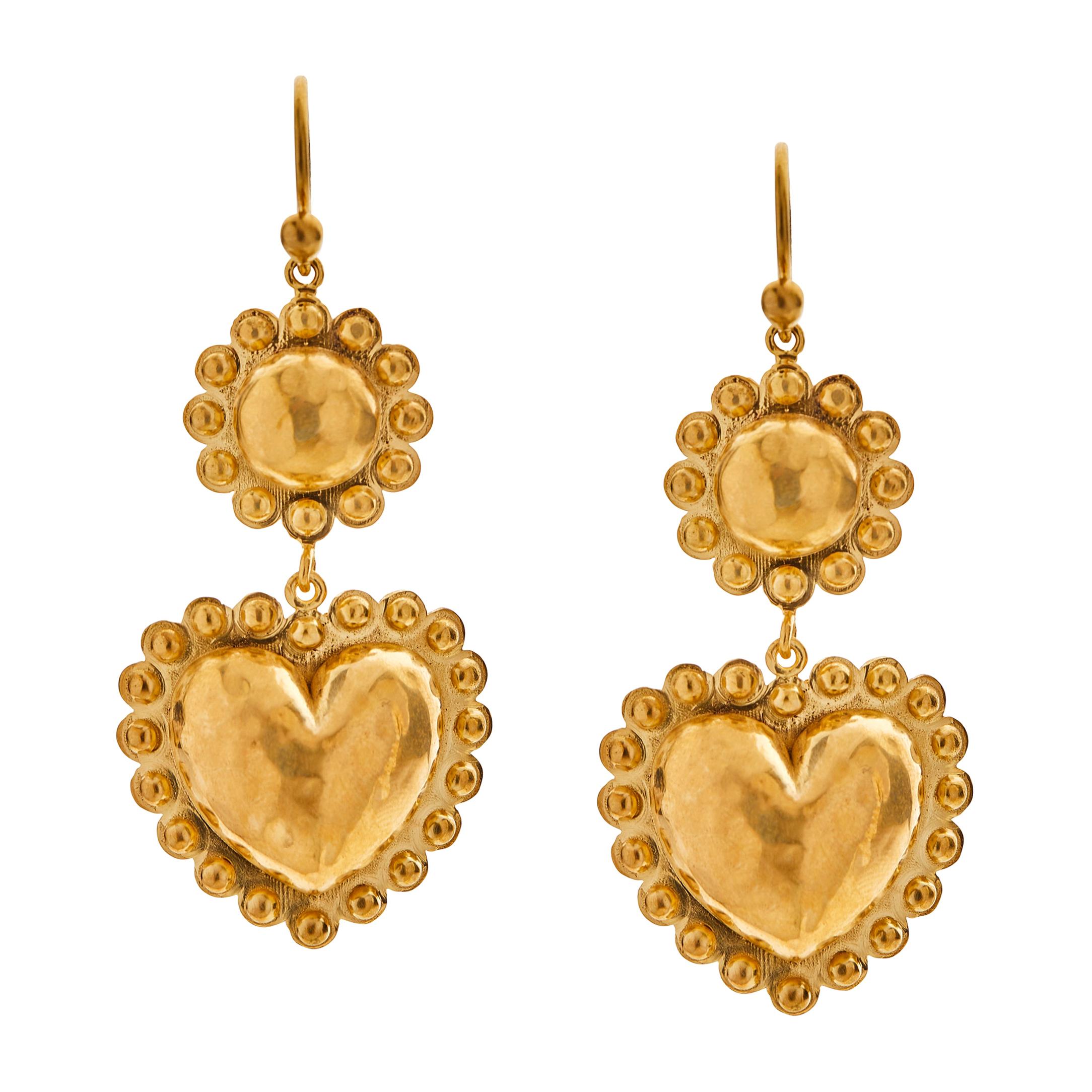 Flower with Hearts Drop Earrings 18 Karat Yellow Gold For Sale