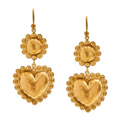 Flower with Hearts Drop Earrings 18 Karat Yellow Gold