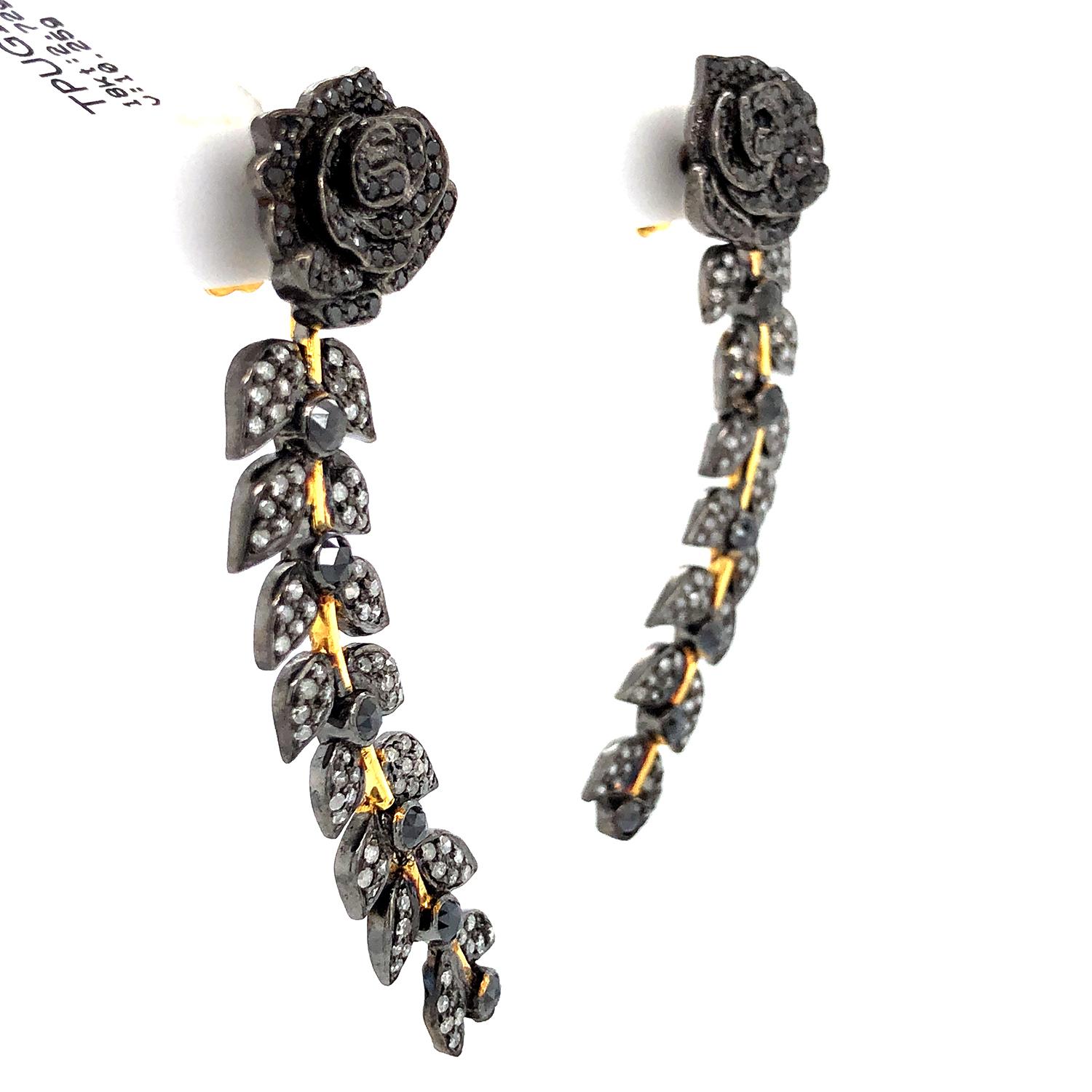 Art Deco Flower With Leaf Shaped Earrings With Diamonds Made In 18k Yellow Gold & Silver For Sale