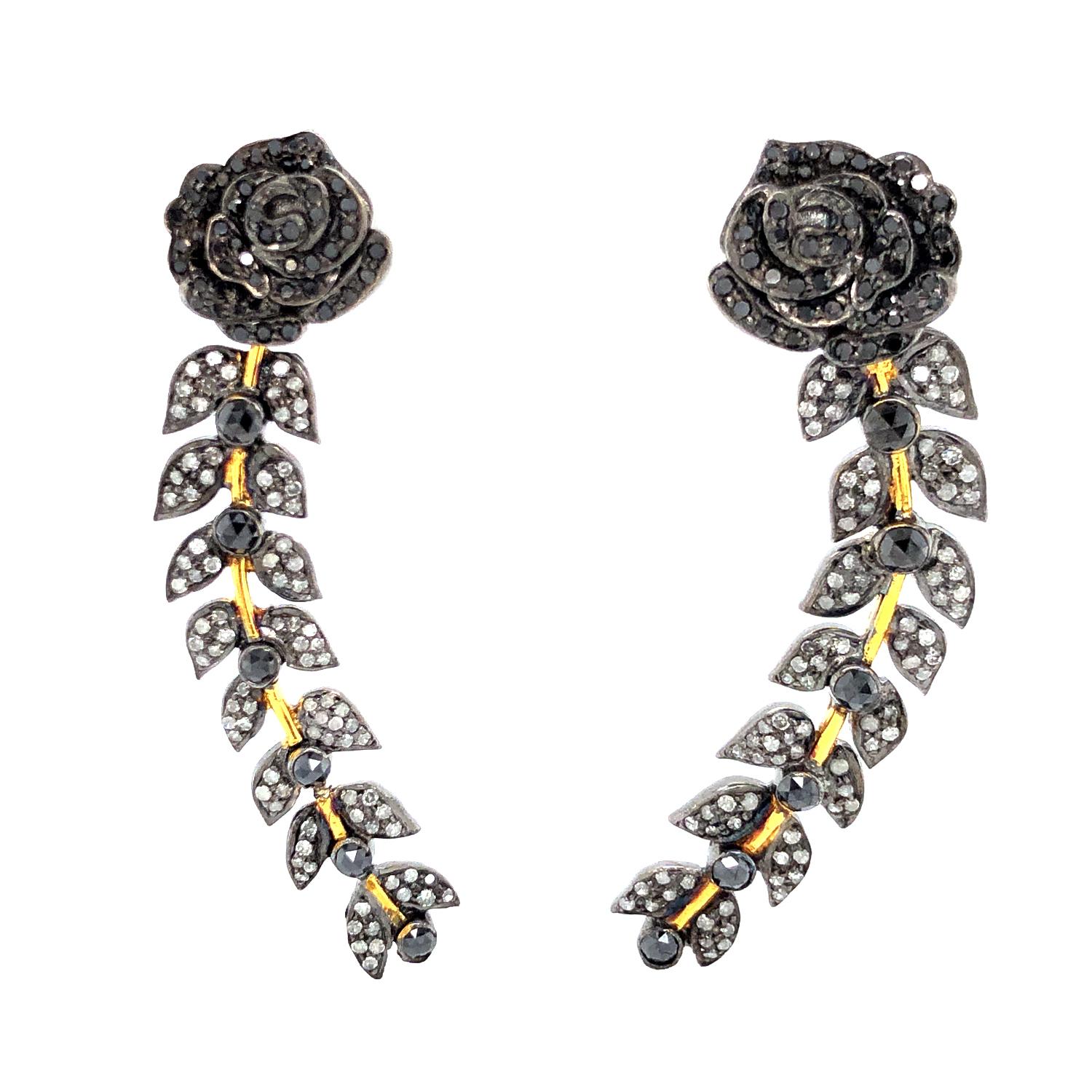 Women's Flower With Leaf Shaped Earrings With Diamonds Made In 18k Yellow Gold & Silver For Sale
