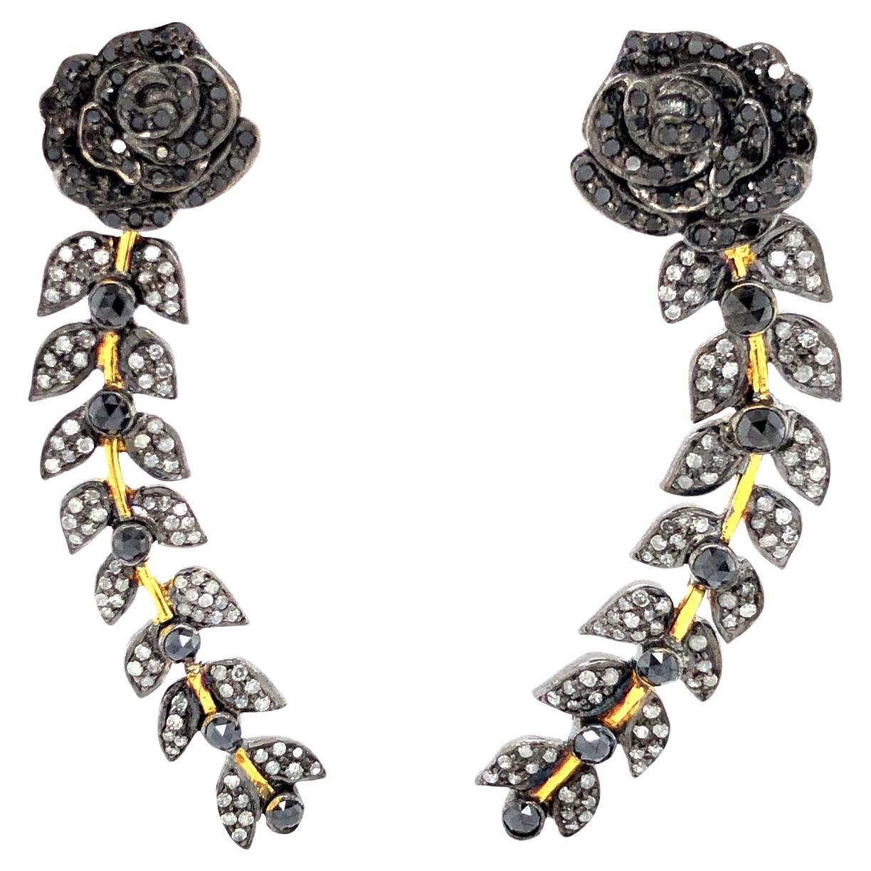 Flower With Leaf Shaped Earrings With Diamonds Made In 18k Yellow Gold & Silver For Sale