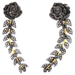 Flower & Leaf Shaped Earrings With Diamonds Made In 18k Yellow Gold & Silver