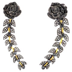 Flower With Leaf Shaped Earrings With Diamonds Made In 18k Yellow Gold & Silver