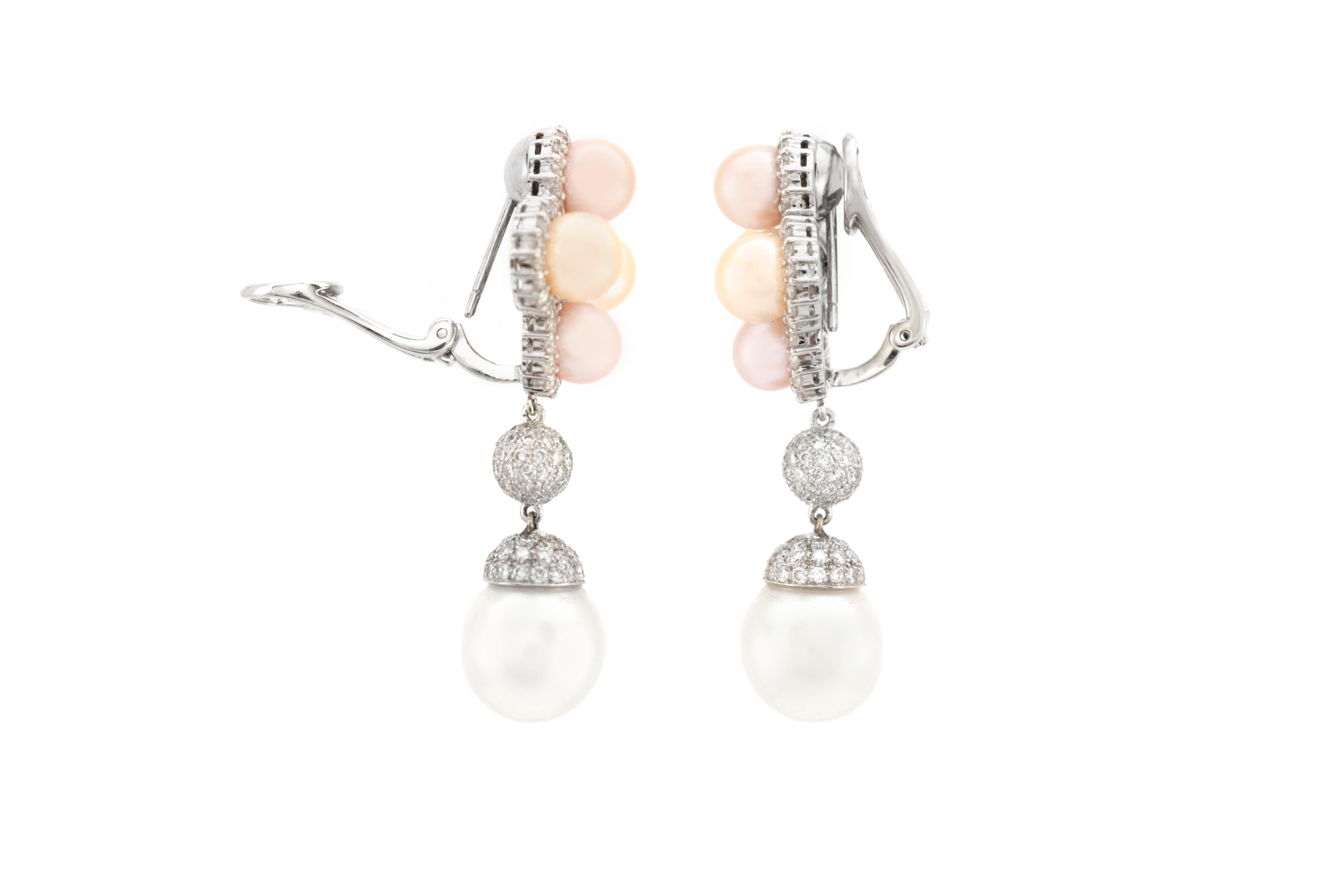3.45 Carat Diamonds with Pearls Drop Earrings In Excellent Condition For Sale In New York, NY