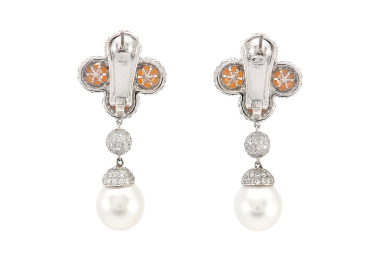 3.45 Carat Diamonds with Pearls Drop Earrings For Sale at 1stDibs